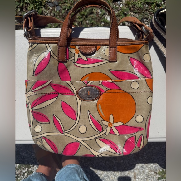 Fossil Tan Shoulder Bag with Pink and Orange Floral Design - Picture 1 of 3